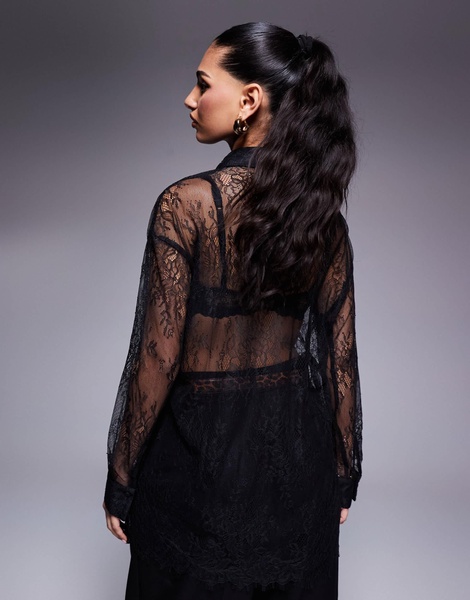 River Island sheer lace shirt in black