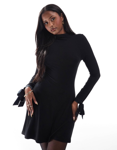 Miss Selfridge satin bow detail high neck flare dress in black
