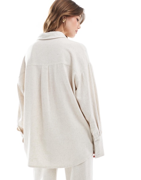 4th & Reckless linen blend oversized button up collared shirt in beige - part of a set