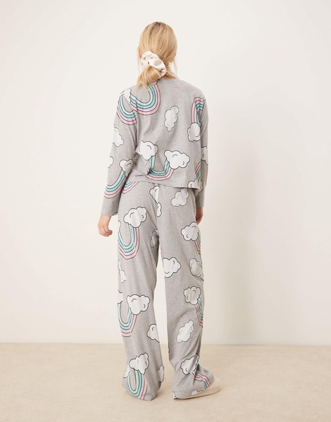 ASOS DESIGN rainbow long sleeve top & pants pajama set in gray heather