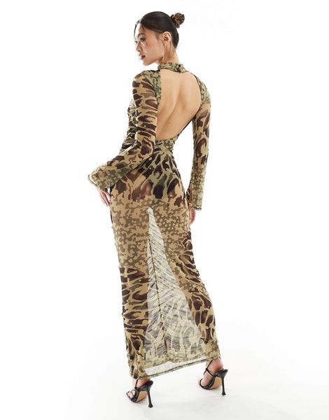 ASOS DESIGN mesh long sleeve maxi dress with bodysuit in leopard print