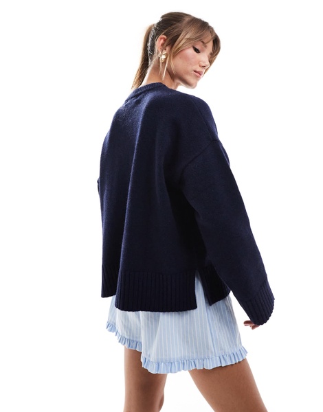 Bershka chunky crew neck sweater in navy