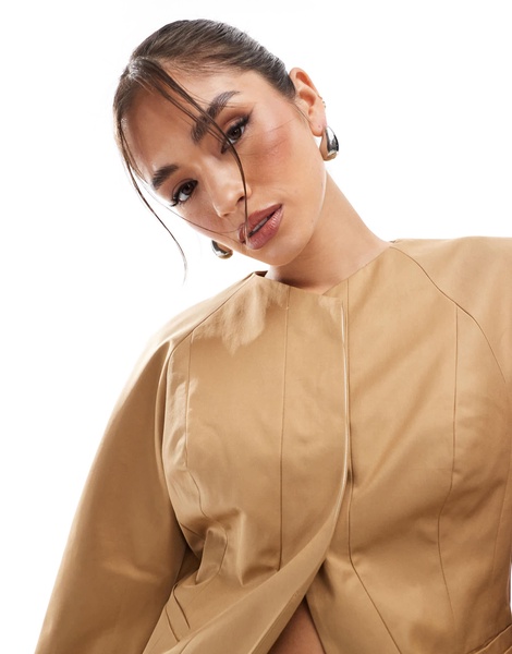 ASOS DESIGN extreme sleeve nipped waist blazer in camel