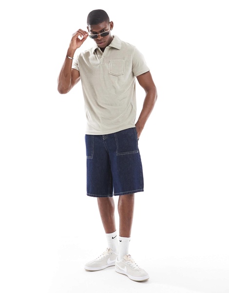 Brave Soul terrycloth polo shirt with camp collar in stone - part of a set