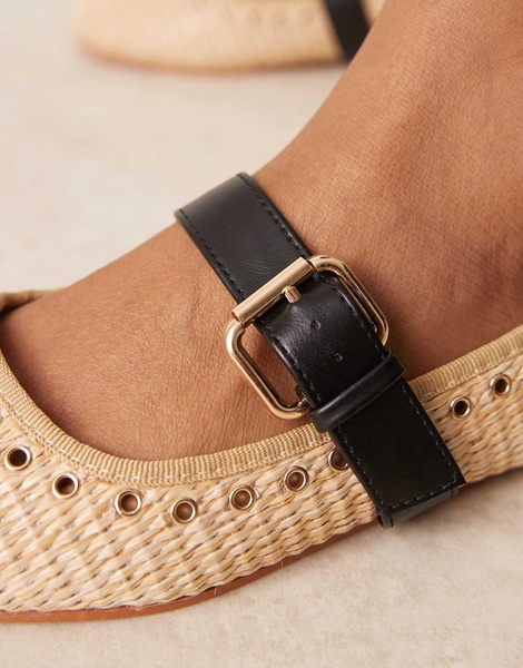 ASOS DESIGN Wide Fit Larson eyelet mary jane ballets in natural weave