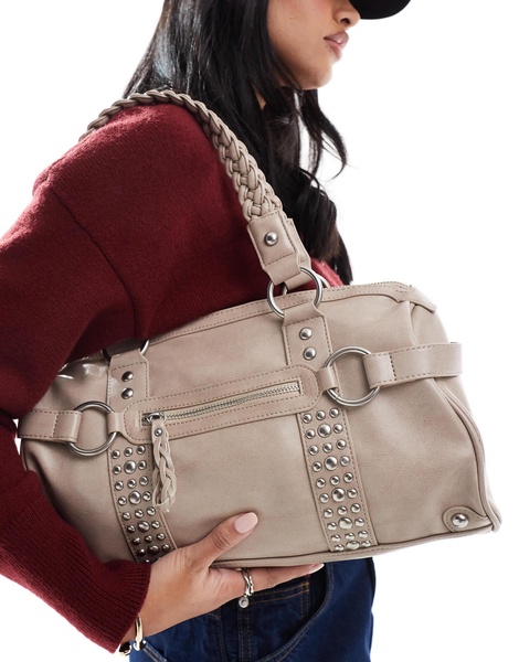 Bershka city bag with stud detail in beige