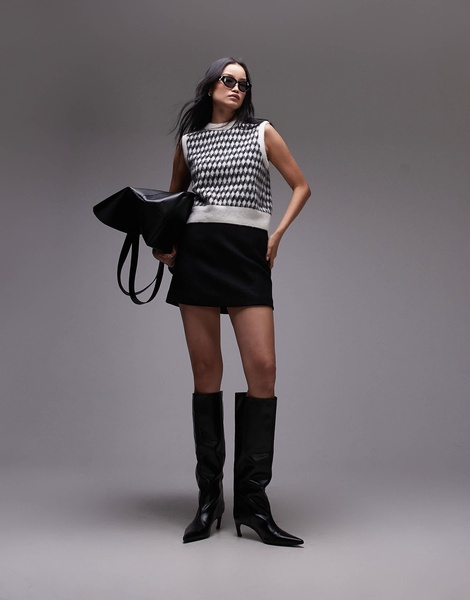 ARKET alpaca blend knitted tank vest in black and white diamond check jacquard