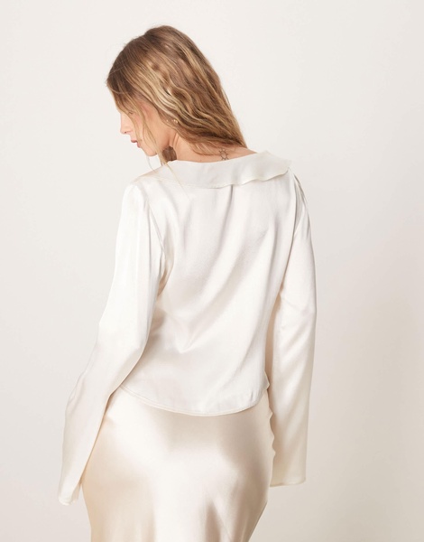 ASOS DESIGN satin ruffle tie front blouse in ivory