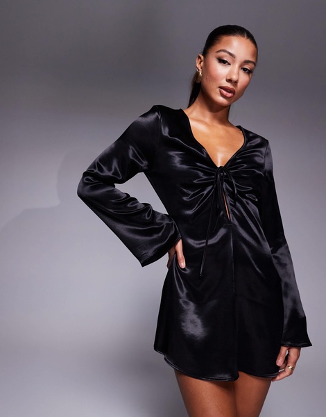 ASOS DESIGN satin angel sleeve plunge mini dress in black