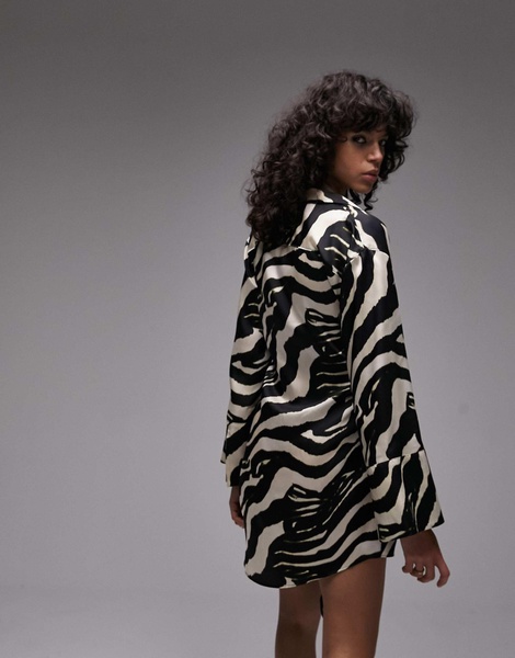 Topshop satin tie belt kimono sleeve mini in mono zebra