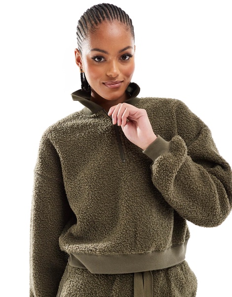 ASOS DESIGN Tall lounge borg zip collar sweat & tapered pants set in khaki