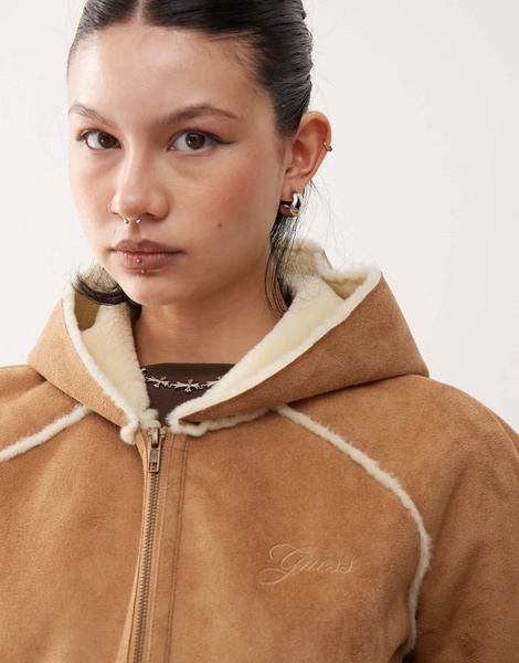 Guess Originals faux suede zip up jacket in light brown with fur lining and trim