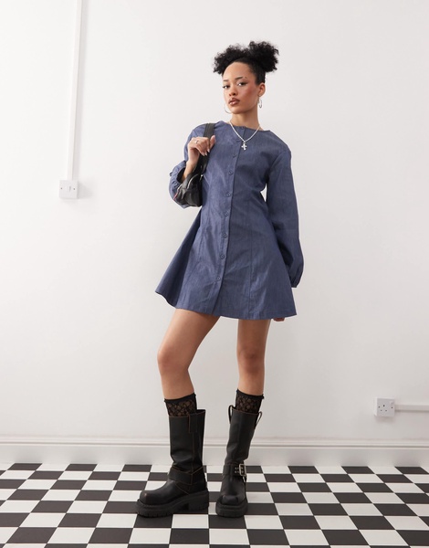 Reclaimed Vintage mini dress with balloon sleeves in blue denim look