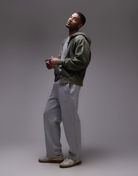 Topman premium heavyweight oversized acid wash zip through hoodie in washed khaki
