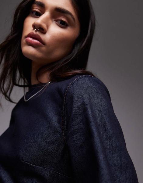 Topshop denim long sleeve shift dress in raw look indigo