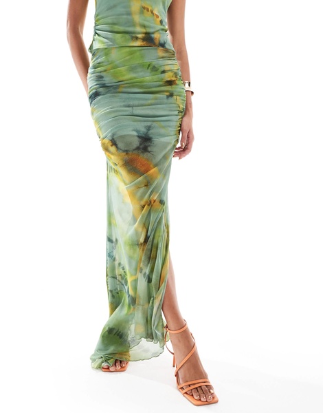 ASOS DESIGN co-ord mesh maxi skirt with side split in tie dye print