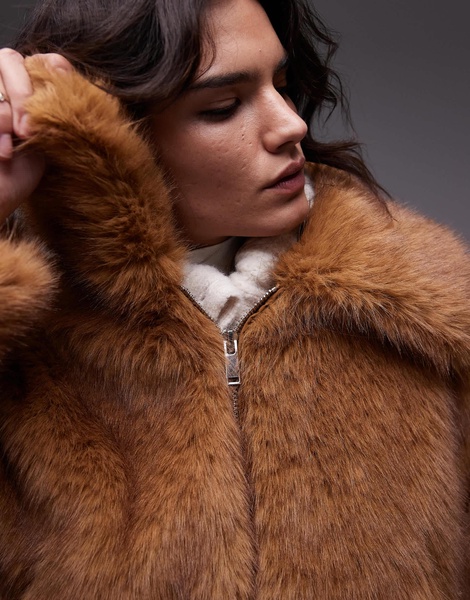 Topshop faux fur cropped bomber jacket in light brown