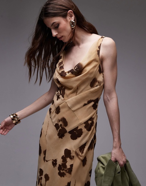Topshop built up double layered cowl neck maxi dress in buttermilk floral
