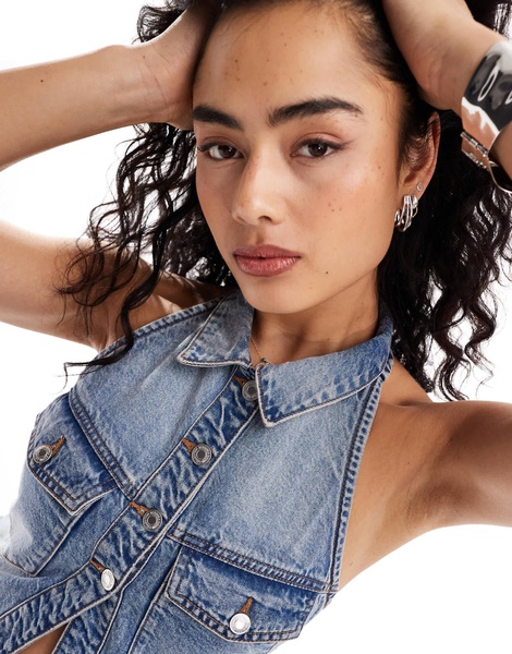 Bershka denim halterneck vest in vintage wash blue