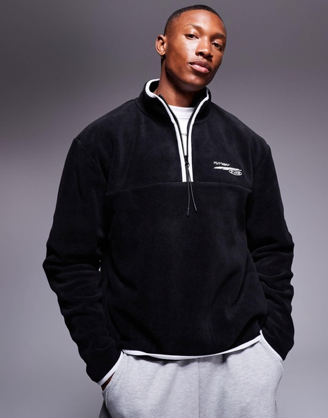 ASOS DESIGN boxy oversized fleece quarter zip sweatshirt with contrast binding and print in black