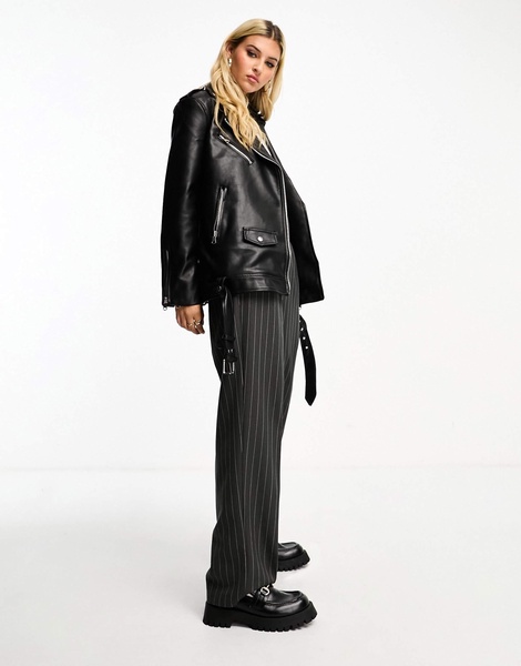 Stradivarius oversized faux leather biker jacket in black