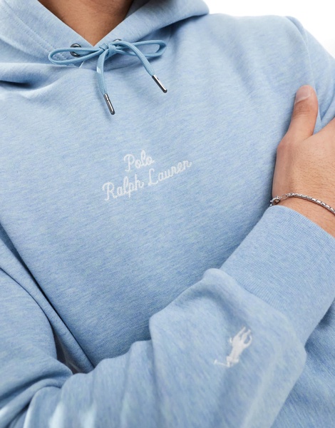 Polo Ralph Lauren central script logo double knit hoodie in light blue heather