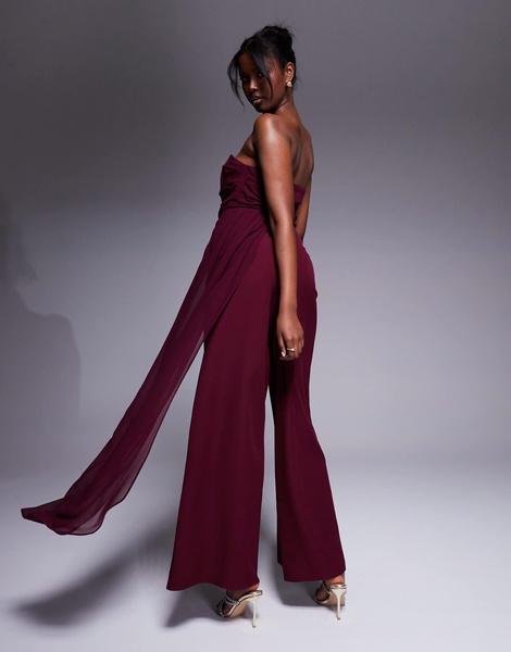 ASOS DESIGN bandeau chiffon bodice tailored pants jumpsuit in burgundy