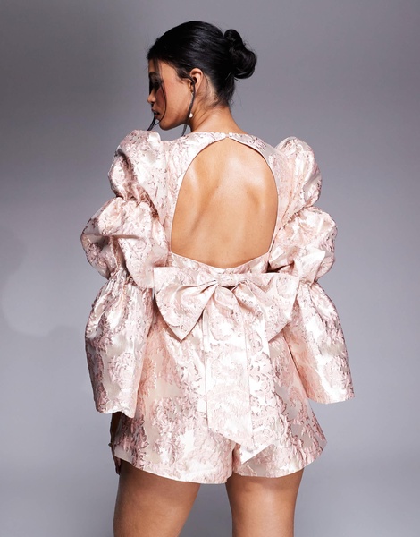 ASOS LUXE embellished jacquard romper with bow back in pink