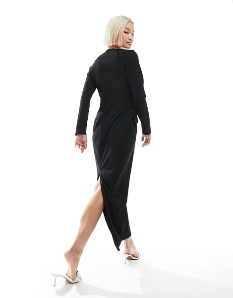 ASOS DESIGN long sleeve seam detail v-neck midi dress in black