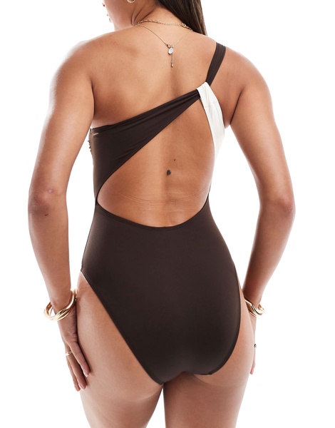 Accessorize monochrome swirl one shoulder swimsuit in brown and cream