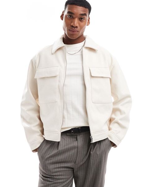 Bershka boxy zip through jacket in ecru