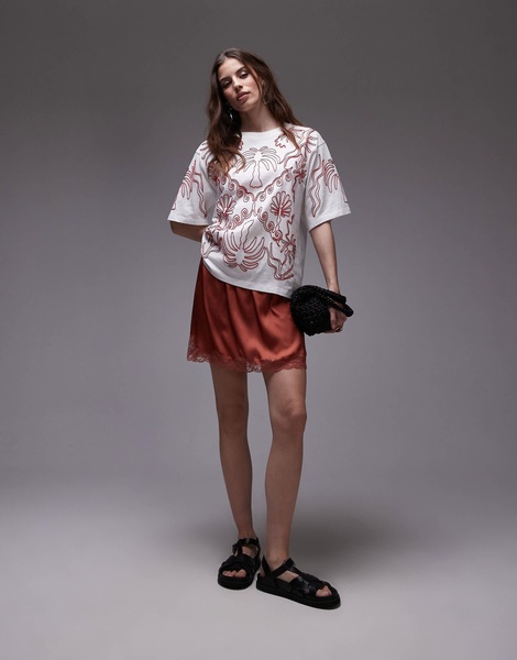Topshop premium oversized embroidered vacation tee in white