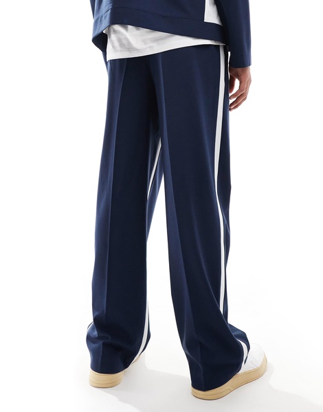 ASOS DESIGN smart wide leg pants in navy with white side stripe - part of a set