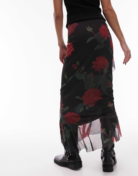 Topshop asymmetric ruffle mesh midi skirt in rose floral