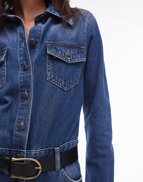 Topshop denim slim fit jumpsuit in mid blue