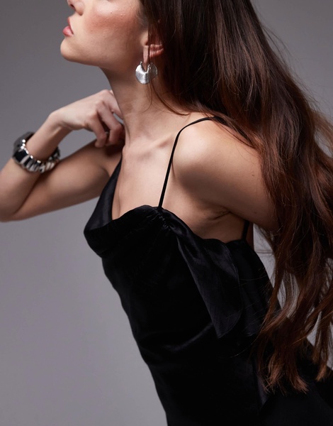 Topshop double strap satin camisole top with ruffle in black