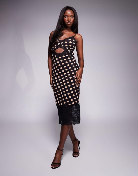 AFRM Josestte midi dress with lace trim detail in almond polka dot print