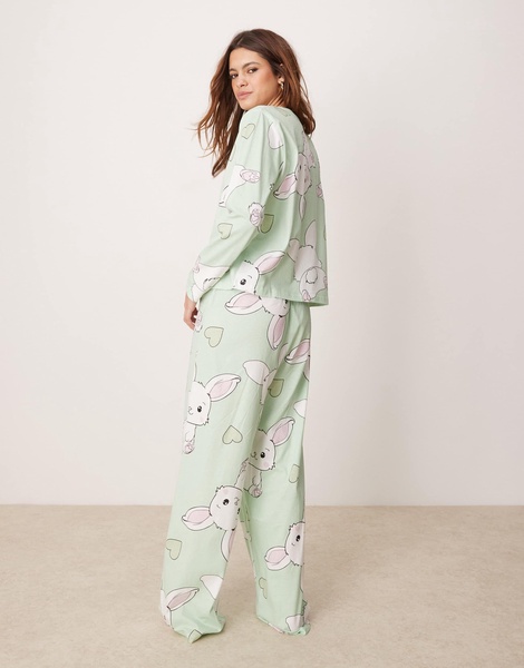 ASOS DESIGN bunny long sleeve top & pants pajama set in gray
