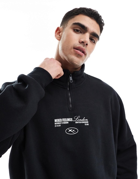 Bershka 1/4 zip piped back printed sweatshirt in black