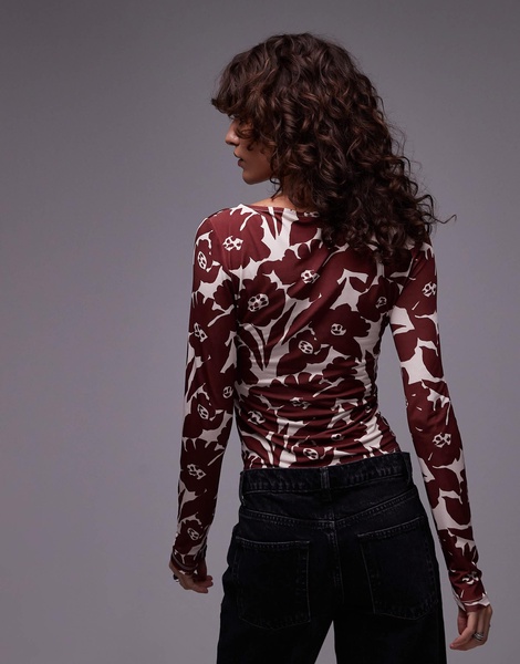 Topshop microfiber all over floral long sleeve top in red