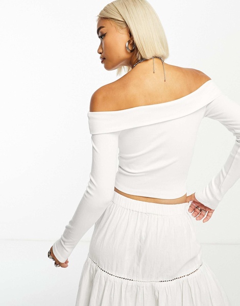 Bershka bardot soft touch long sleeve top in white - part of a set