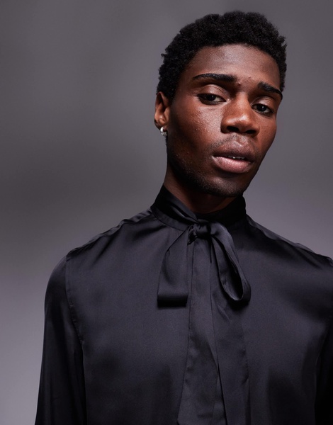 ASOS DESIGN satin regular shirt with tie neck and blouson volume sleeve