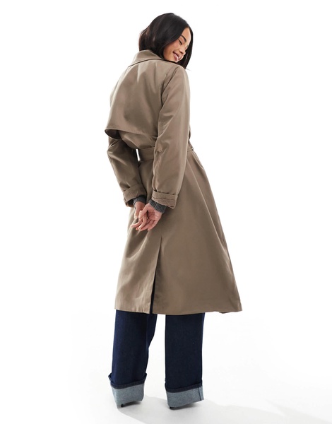 Pieces belted trench coat in lentil brown
