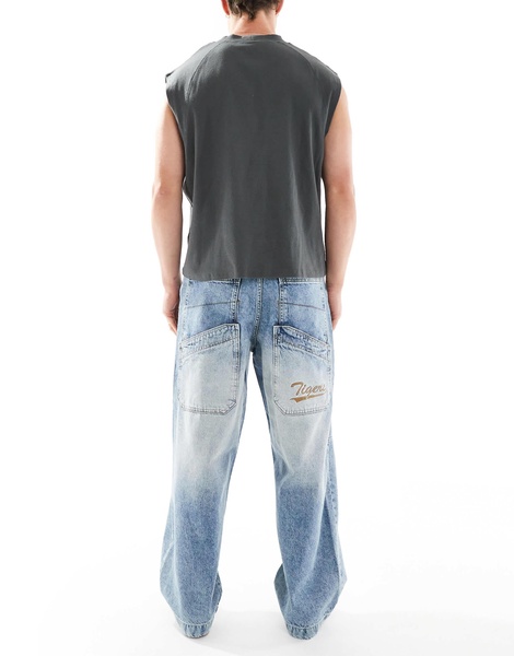 Bershka super baggy jeans with back embroidery in blue