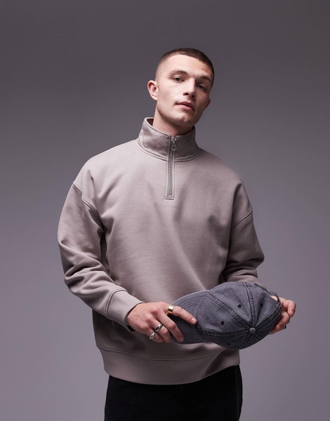 Topman premium heavyweight oversized quarter zip sweatshirt in stone
