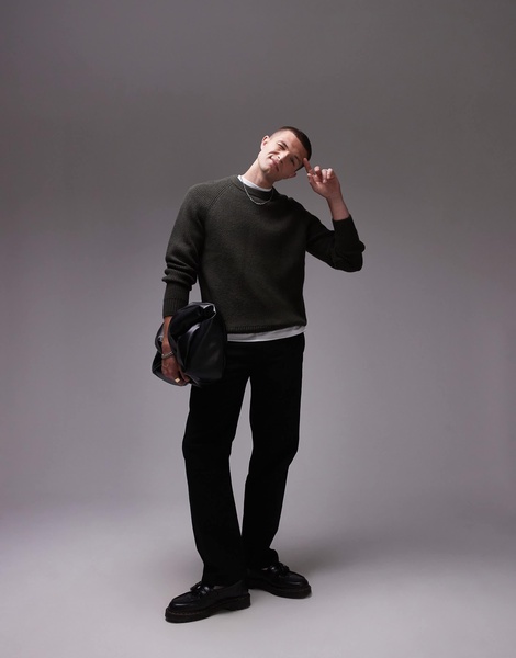 ARKET textured knitted rib sweater with raglan sleeves in khaki green