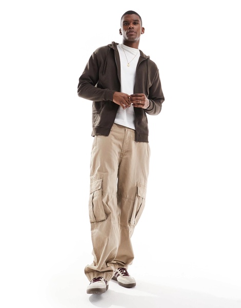 Jack & Jones oversized zip through hoodie in chocolate brown