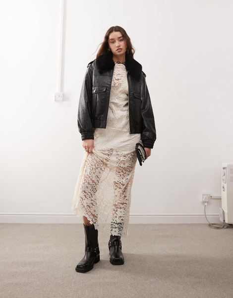 Miss Selfridge faux leather croc faux fur trim bomber jacket in black