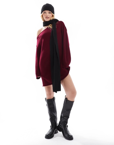Miss Selfridge off-the-shoulder slouchy knit mini dress in burgundy