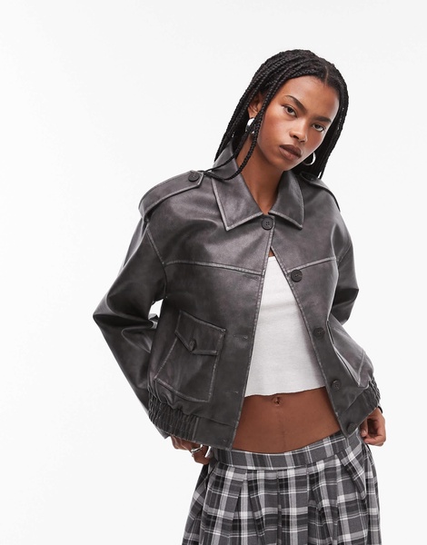 Topshop faux leather cropped button thru patch pocket bomber jacket in washed black